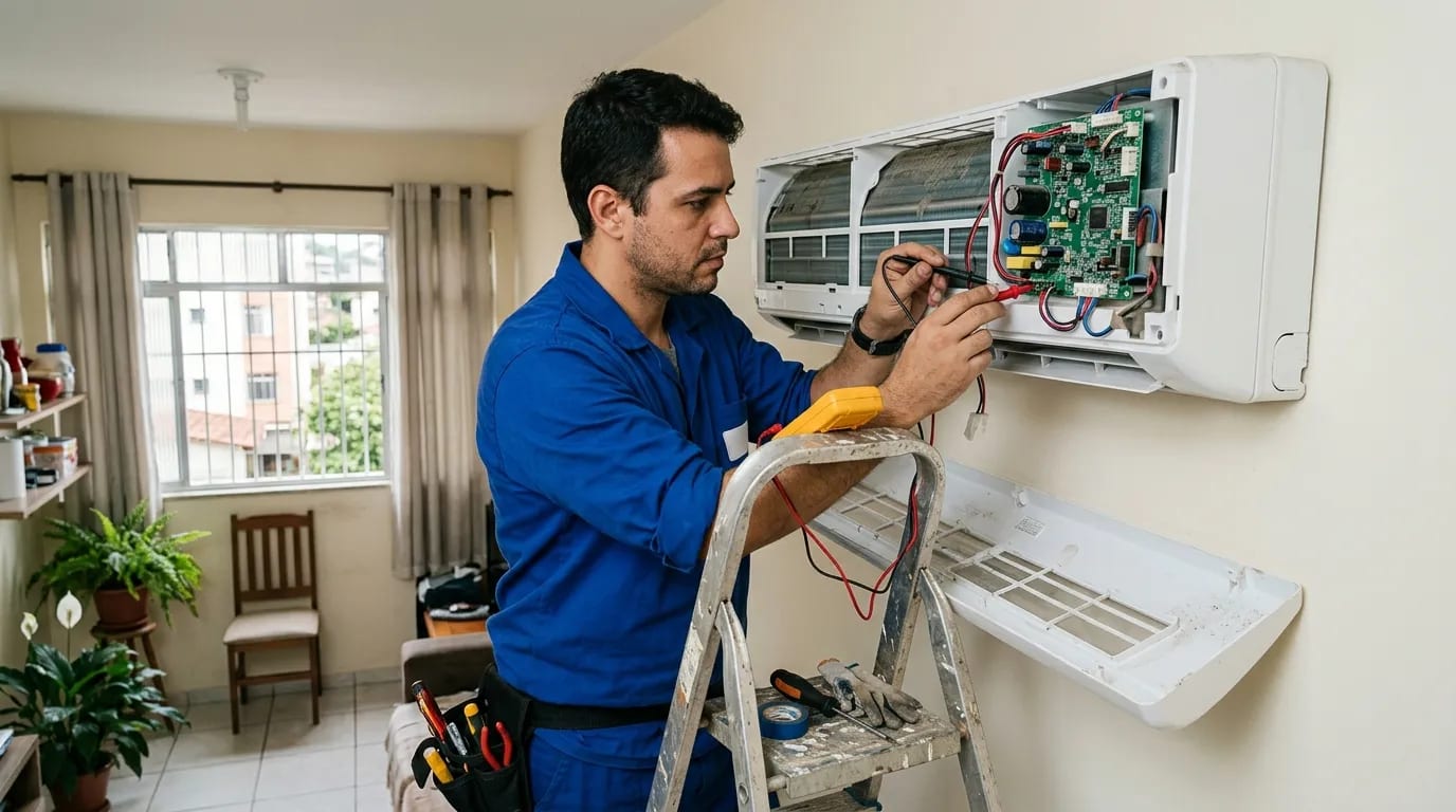 Eletricista ligando a placa do ar-condicionado split em Cuiabá‑MT